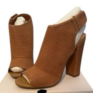 Aldo Dirassa Cognac Nubuck Leather Block Heel Open Toe Bootie Heels